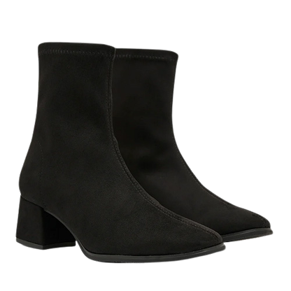 A pair of black suede ankle boots with a block heel, shown against a plain white background.