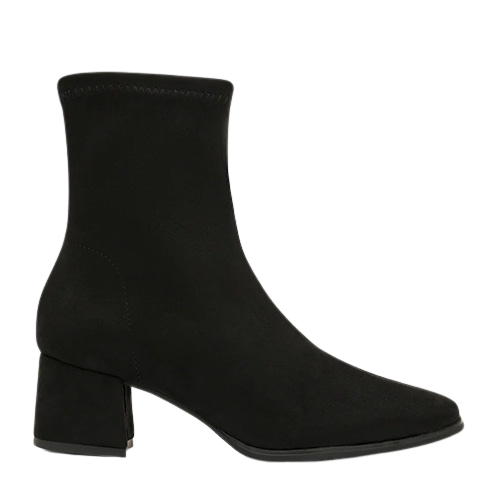 black suede ankle boot with block heel on  a white background