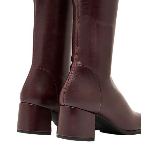Block heel burgundy boot on a white background