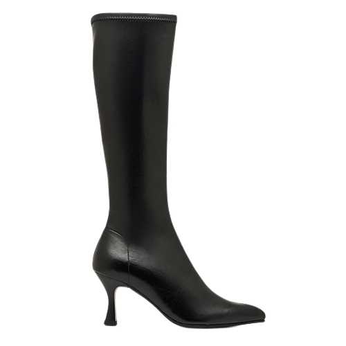 Single pointed toe knee high black boot on a white background