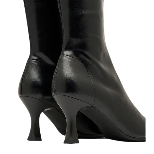 heels of black knee high boots with pointed toes