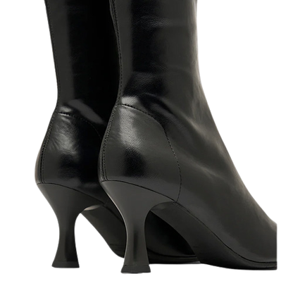 heels of black knee high boots with pointed toes