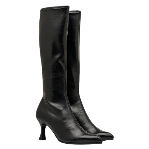 Pair of black pointed toe knee high boots on a white background