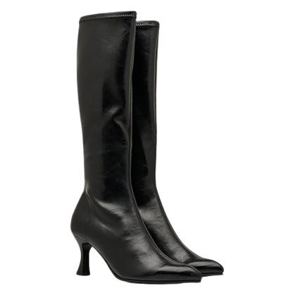 Pair of black pointed toe knee high boots on a white background