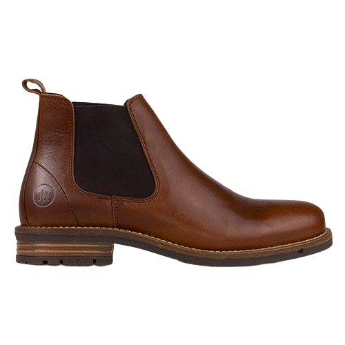 A brown leather Chelsea boot with a dark brown elastic side panel, a low stacked heel, and a pull tab at the heel, shown in a side profile on a white background.