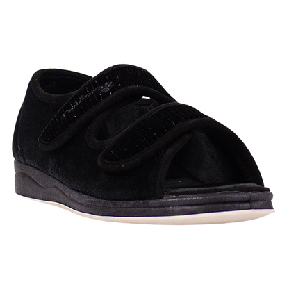 Padders Extra Wide Velcro Open Toe Slipper - Lydia X - Black Sparkle
