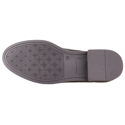 The outsole of a gray shoe, showing a textured tread pattern on the front and a solid heel block, photographed against a plain white background.