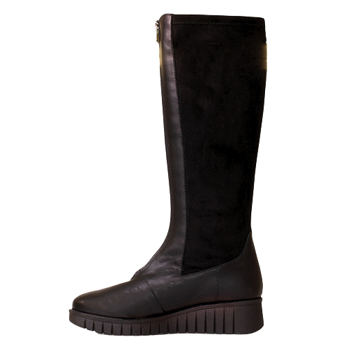 A single black knee-high boot with a textured suede-like upper and a chunky lug sole, shown from a side profile on a white background.