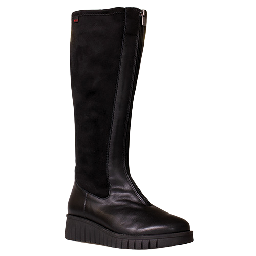 A single black knee-high boot with a smooth leather vamp and a textured black upper, shown from a side profile on a plain white background.