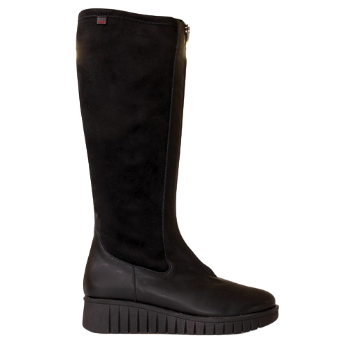 A single black knee-high boot with a black platform sole, shown from a side profile against a solid white background.