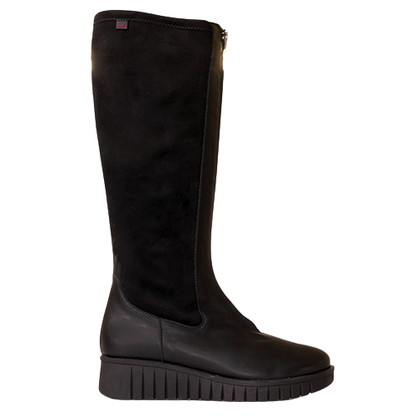 A single black knee-high boot with a black platform sole, shown from a side profile against a solid white background.
