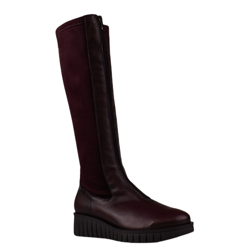 A single knee-high boot in a deep burgundy color, featuring a smooth leather-like finish on the lower section and a slightly matte suede-like texture on the upper shaft, set against a plain white background.