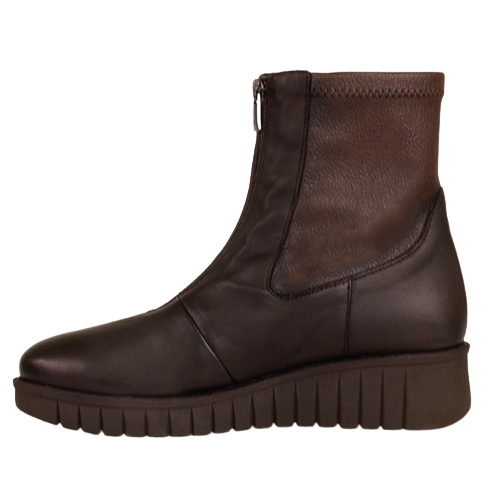 A dark brown leather ankle boot with a side zipper, elastic side gore, and a chunky ridged platform sole, shown in profile against a white background.