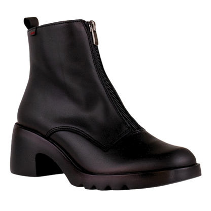 A black leather ankle boot with a chunky block heel, a side zipper, and a low lug sole, shown against a plain white background.
