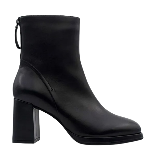 A black leather ankle boot with a chunky block heel, shown from a side profile view against a plain white background.