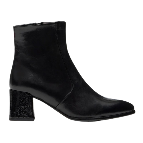 A black leather ankle boot with a chunky block heel and pointed toe, shown in a side profile on a white background.