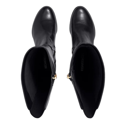 A pair of black leather ankle boots shown from a top-down view, featuring a pointed toe and a small gold-tone zipper pull on the outer side.