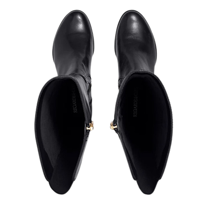 A pair of black leather ankle boots shown from a top-down view, featuring a pointed toe and a small gold-tone zipper pull on the outer side.