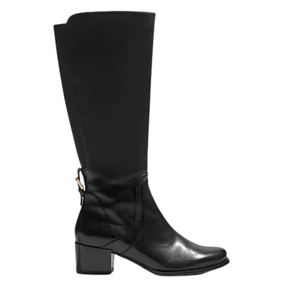 A single black knee-high boot with a low block heel, shown in profile against a plain white background.
