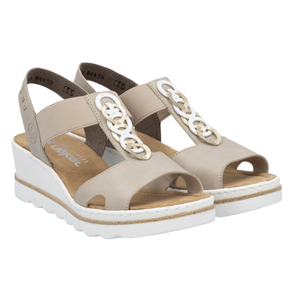 Rieker Ladies Ankle Strap Wedge Sandals - 67498  - Beige/Light Gold