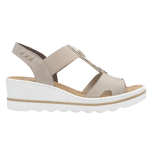 Rieker Ladies Ankle Strap Wedge Sandals - 67498  - Beige/Light Gold
