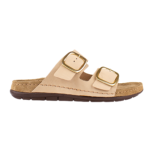 Beige sandal with gold buckles on a white background