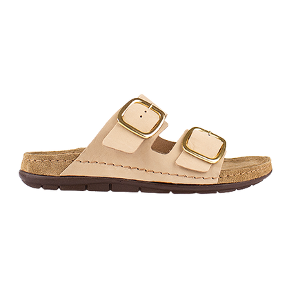 Beige sandal with gold buckles on a white background