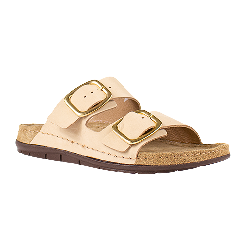 Beige sandal with gold buckles on a white background