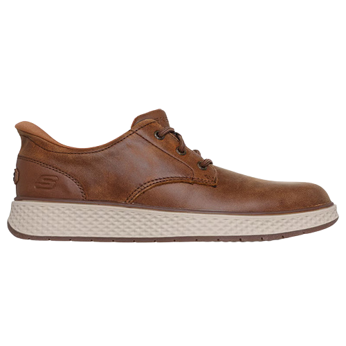 A single brown leather lace-up shoe shown from side on a plain white background. The shoe has a rounded toe, dark brown laces.