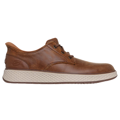 A single brown leather lace-up shoe shown from side on a plain white background. The shoe has a rounded toe, dark brown laces.