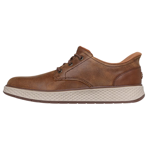 A brown leather lace-up shoe with a textured beige midsole and a dark brown outsole, shown in a side profile view against a white background.