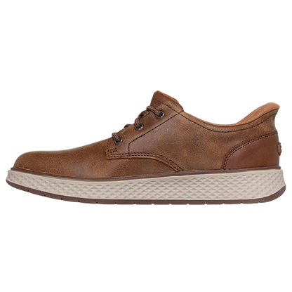 A brown leather lace-up shoe with a textured beige midsole and a dark brown outsole, shown in a side profile view against a white background.
