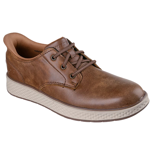A single brown leather lace-up shoe shown from side on a plain white background. The shoe has a rounded toe, dark brown laces.