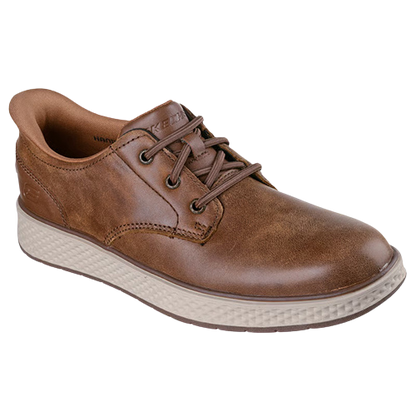 A single brown leather lace-up shoe shown from side on a plain white background. The shoe has a rounded toe, dark brown laces.