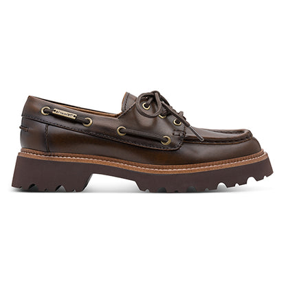 Brown leather boat shoe on a white background
