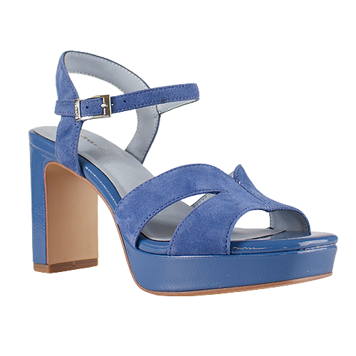 Blue high-heeled sandal on a white background