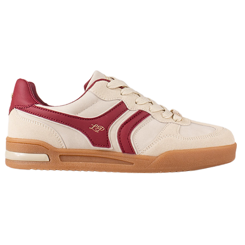 A low-top trainers in off-white and burgundy with a gum sole, shown from the side on a plain white background.