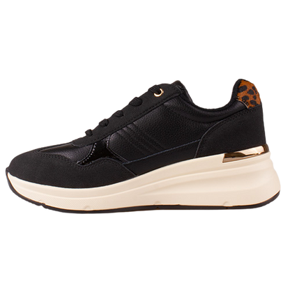 Black leather trainer with laces and white chunky sole
