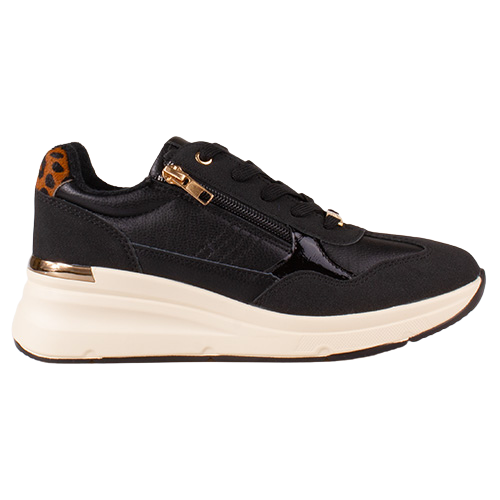 Single black trainer with white chunky sole and side zip on a white background