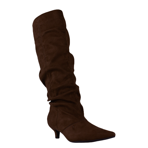 A single dark brown suede slouchy knee-high boot with a pointed toe and kitten heel, shown against a plain white background.