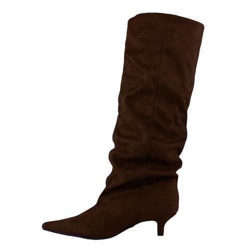 A single dark brown suede slouchy knee-high boot with a pointed toe and kitten heel, shown against a plain white background.