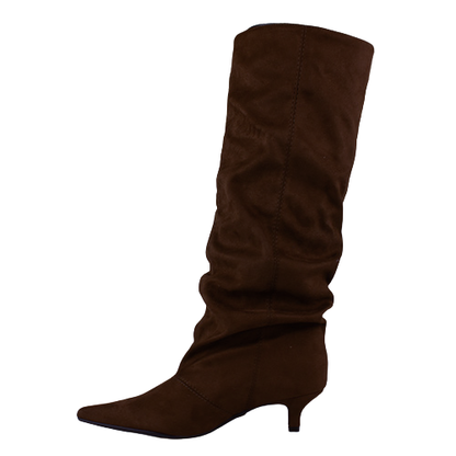 A single dark brown suede slouchy knee-high boot with a pointed toe and kitten heel, shown against a plain white background.