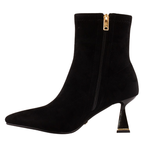 A black suede ankle boot with a pointed toe, a high stiletto heel, and a gold-tone zipper on the side, shown against a plain white background.