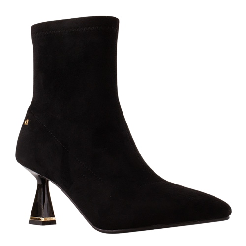 A black suede ankle boot with a pointed toe and a distinctive sculptural black glass block heel accented with gold trim, shown against a plain white background.