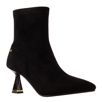 A black suede ankle boot with a pointed toe and a distinctive sculptural black glass block heel accented with gold trim, shown against a plain white background.