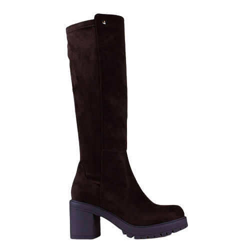 A dark brown suede knee-high boot with a chunky block heel and a dark sole, shown from a side profile on a white background.
