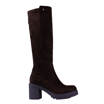 A dark brown suede knee-high boot with a chunky block heel and a dark sole, shown from a side profile on a white background.