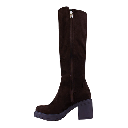 A dark brown suede knee-high boot with a side zipper, block heel, and chunky sole, shown from a side profile on a white background.