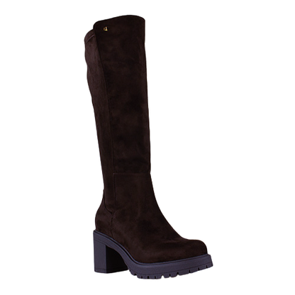 A dark brown suede knee-high boot with a side zipper, block heel, and chunky sole, shown from a side profile on a white background.