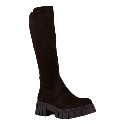 A single dark brown suede knee-high boot with a chunky lug sole, shown in profile against a plain white background.
